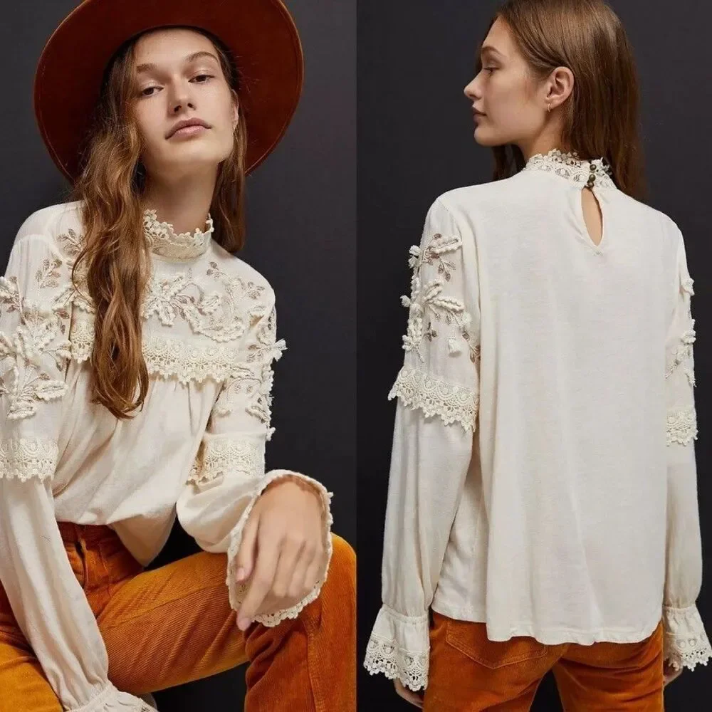 Anthropologie Jemma Cream Crochet Lace Romantic Blouse Size M NEW